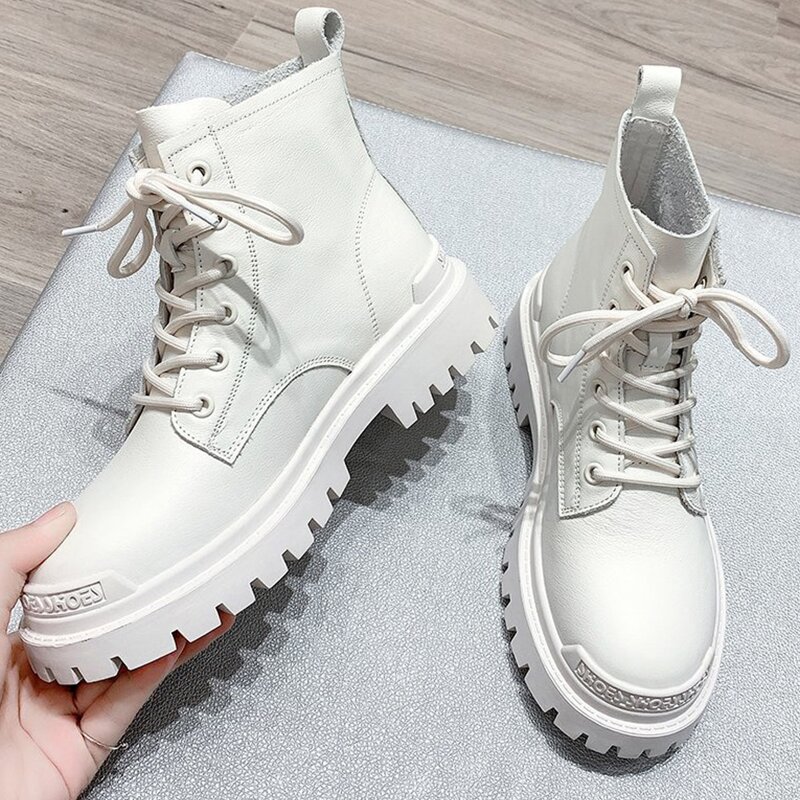 

Letter Pocket Lace-up Combat Boots, Beige
