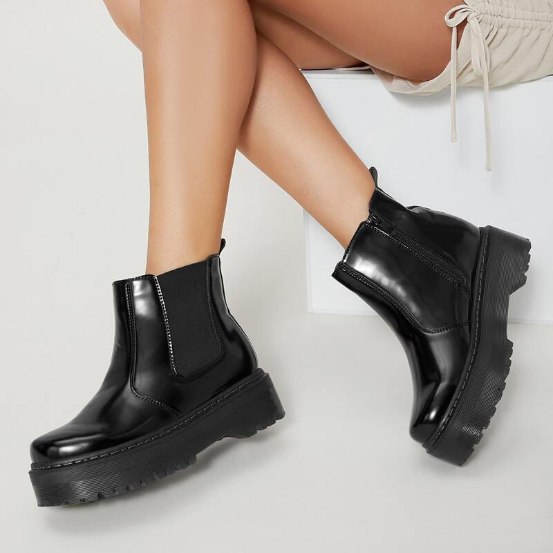 

Faux Patent Leather Block Heel Chelsea Boots, Black