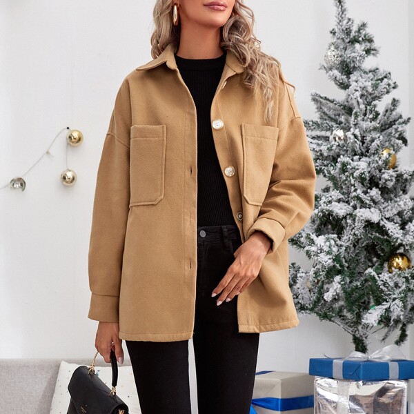 

Dual Pocket Button Up Drop Shoulder Coat, Camel