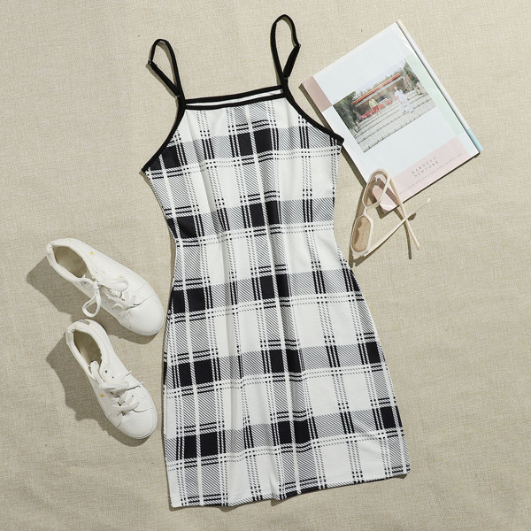

Plaid Contrast Binding Slip Dress, Black and white
