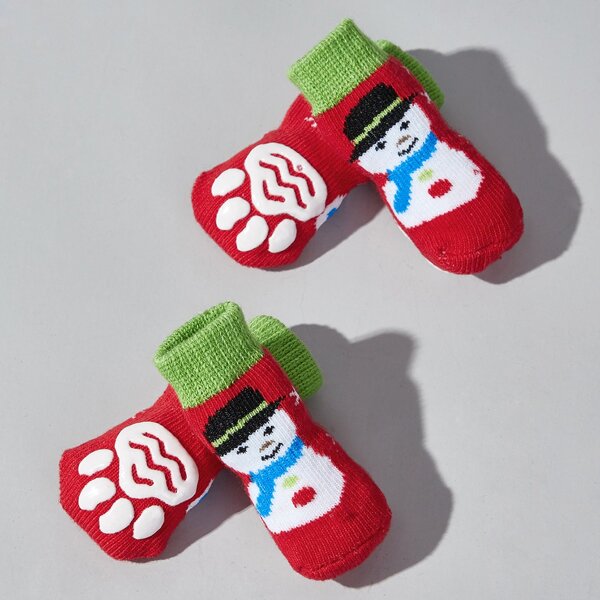 

4pcs Christmas Snowman Pattern Dog Socks, Green