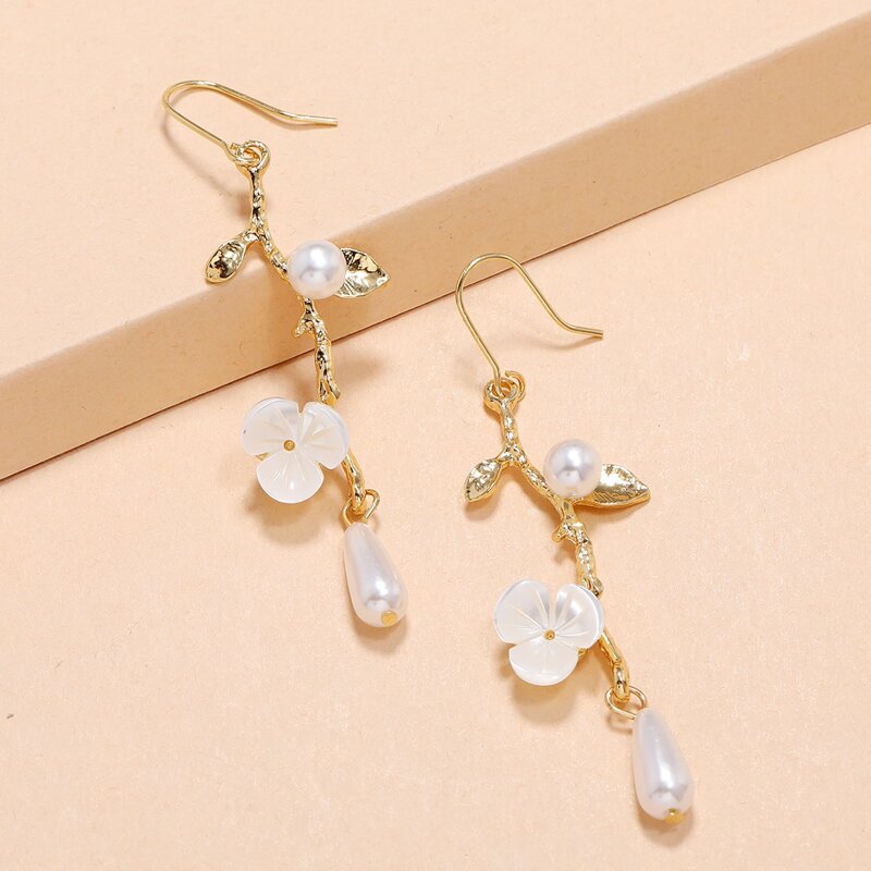 

Floral & Faux Pearl Drop Earrings, White