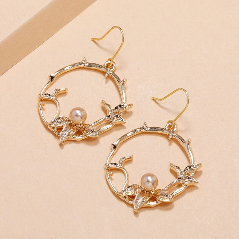 

Leaf Ring Drop Earrings, Gold