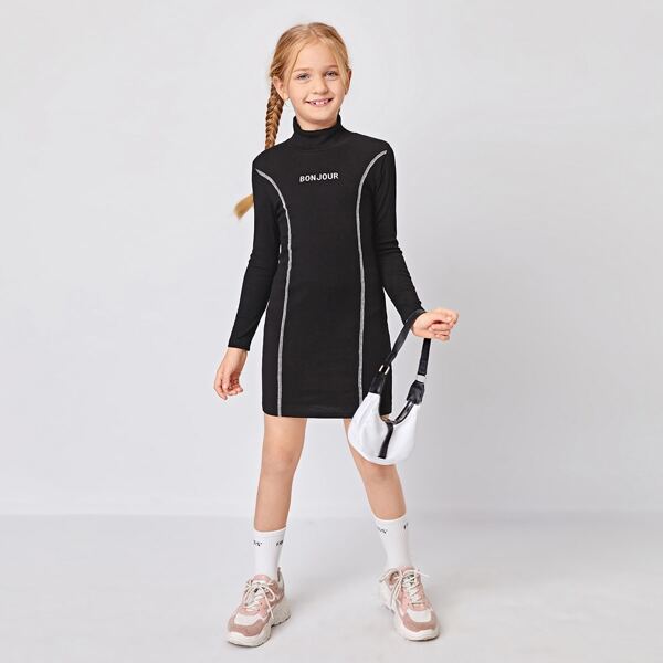 

Girls Letter Graphic Stitch Detail Dress, Black