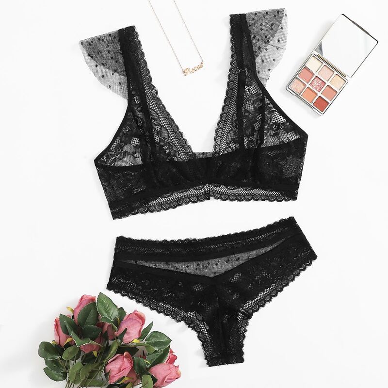 

Solid Lace Lingerie Set, Black