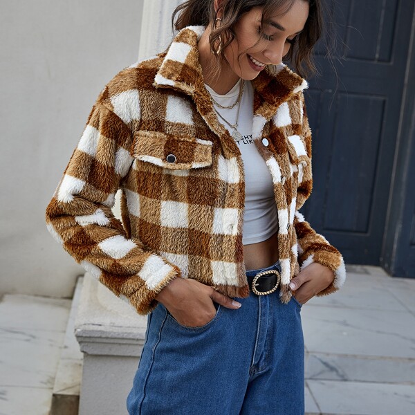 

Drop Shoulder Buffalo Plaid Teddy Jacket, Brown