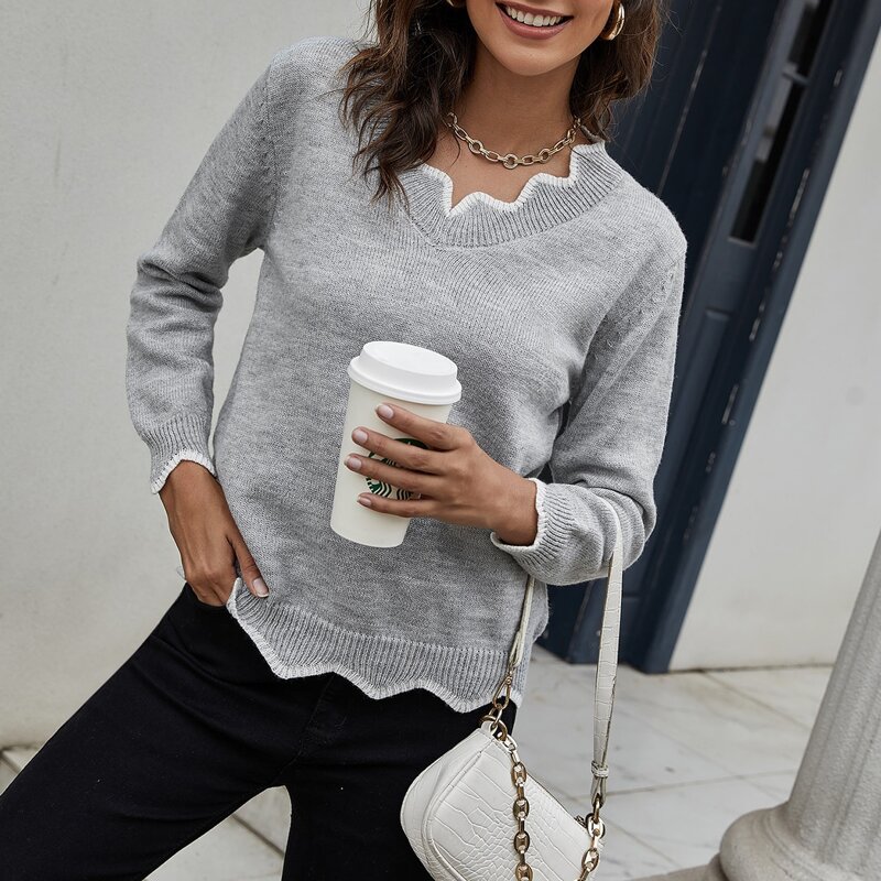 

Chevron Trim Heathered Gray Sweater, Light grey