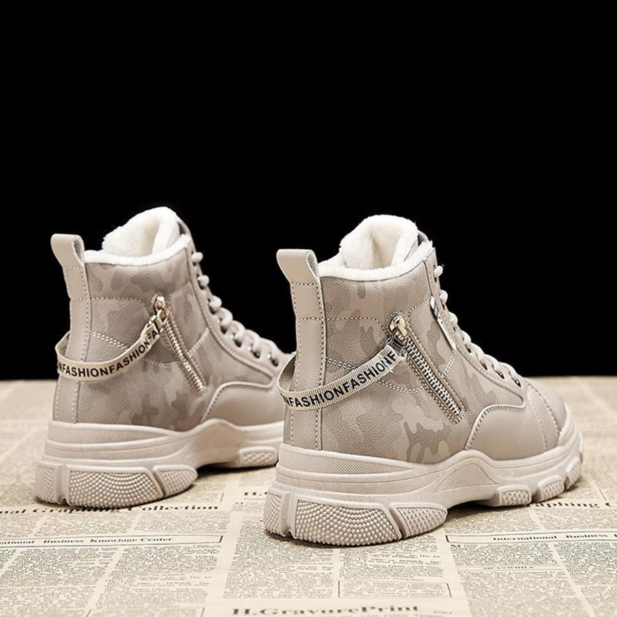 

Camo Lace-up Hiking Boots, Beige