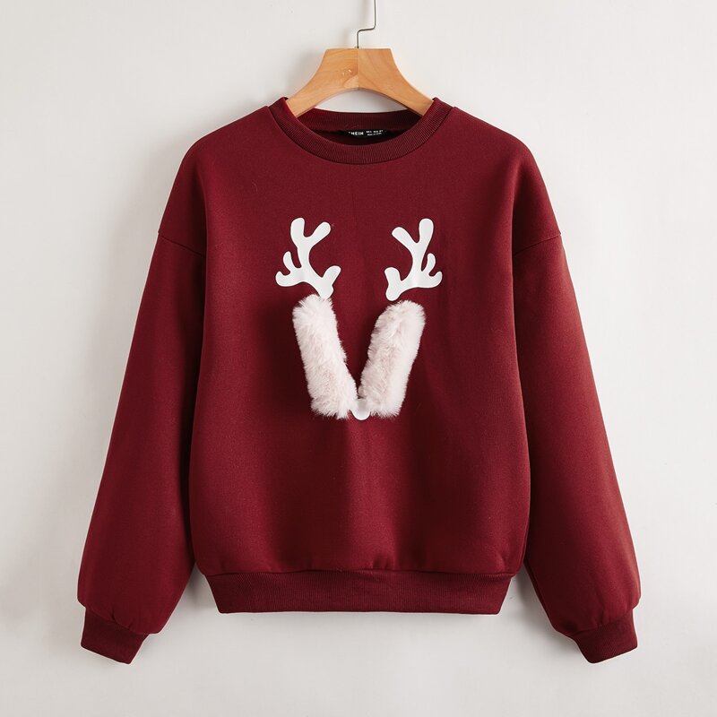 

Drop Shoulder Faux Fur Detail Pullover, Maroon