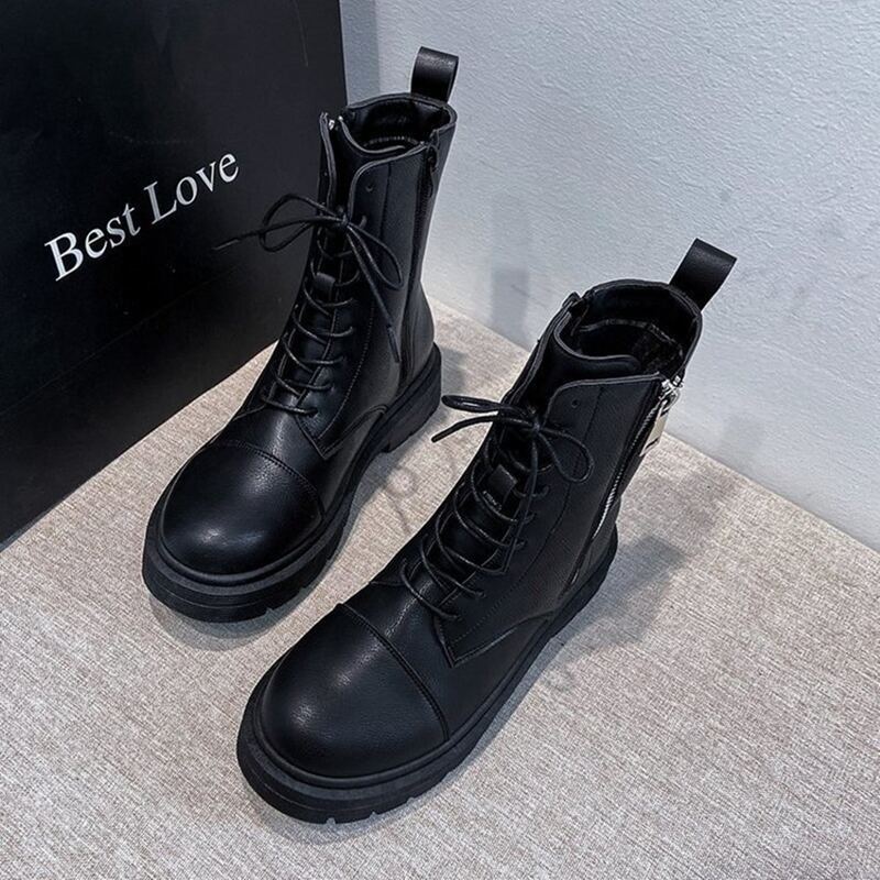 

Side Zip Lace-up Combat Boots, Black