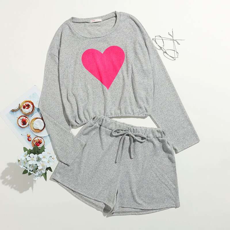

Heart Print Shorts PJ Set, Grey