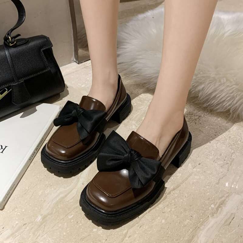 

Bow Decor Square Toe Loafers, Coffee brown