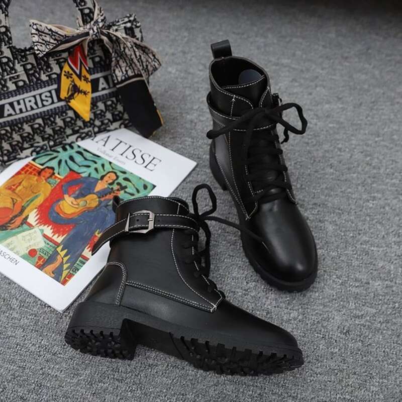 

Buckle Lace-up Front Ankle Boots, Black