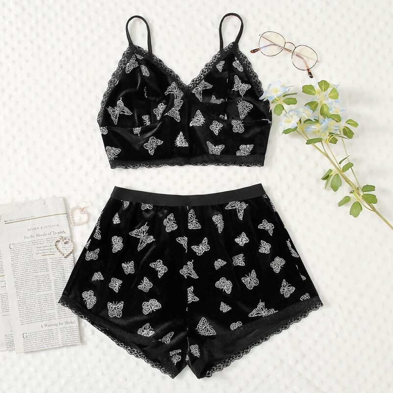 

Butterfly Print Lace Trim PJ Set, Black