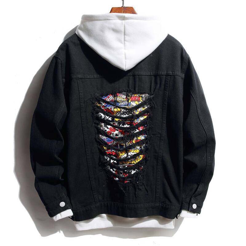 

Guys Pop Art Print Ripped Denim Jacket, Black