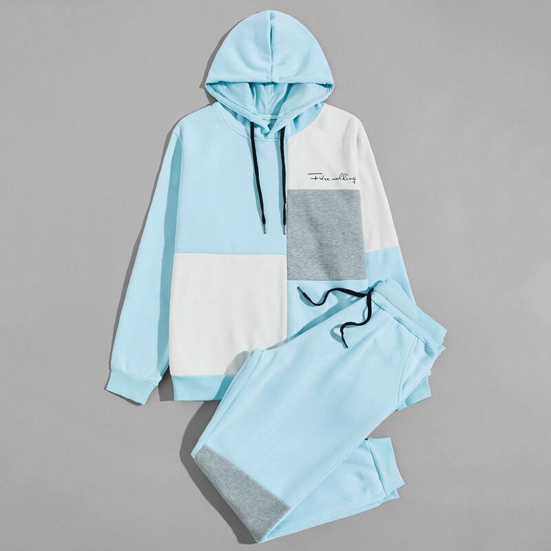 

Guys Contrast Panel Drawstring Hoodie & Sweatpants, Baby blue