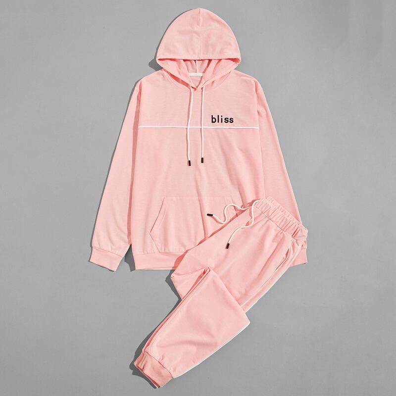 

Guys Letter Graphic Drawstring Hoodie & Sweatpants, Baby pink