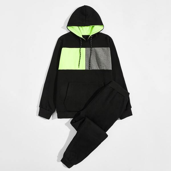 

Men Contrast Panel Drawstring Hoodie & Sweatpants, Black