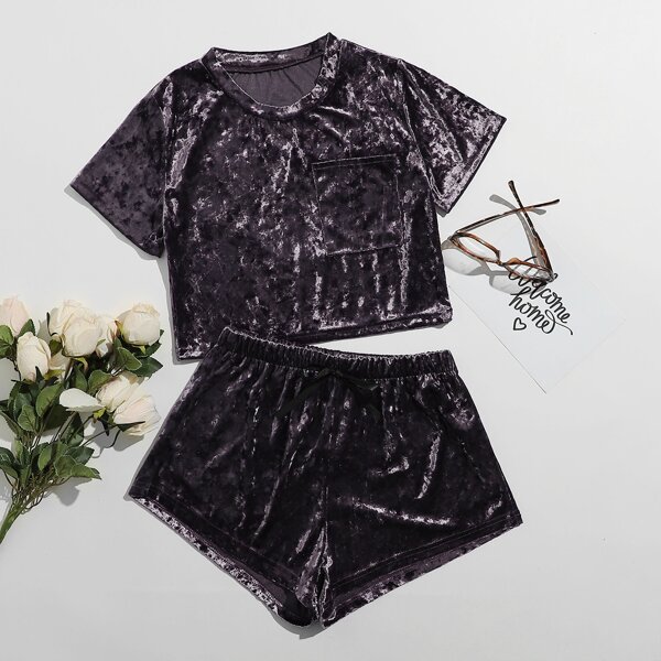 

Velvet Pocket Patched Night Set, Purple
