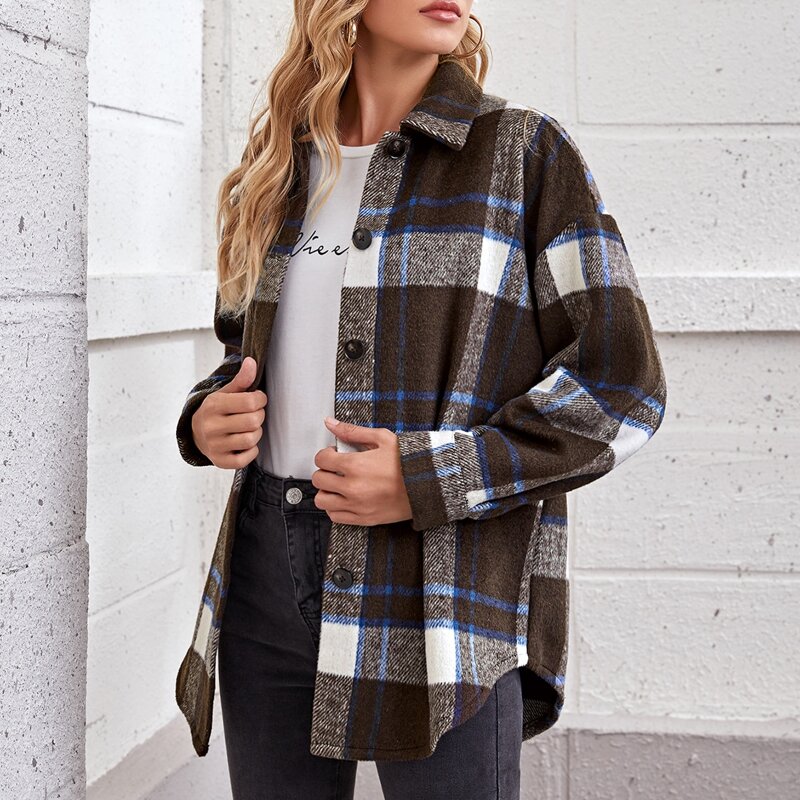 

Drop Shoulder Curved Hem Plaid Coat, Chocolate brown