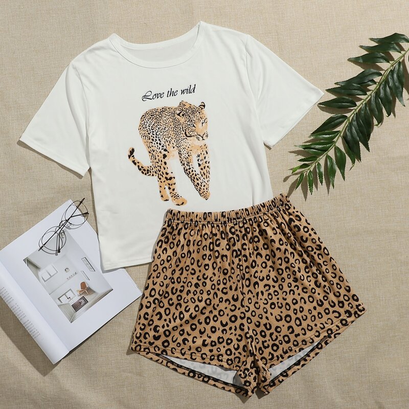 

Leopard And Slogan Graphic Pajama Set, White