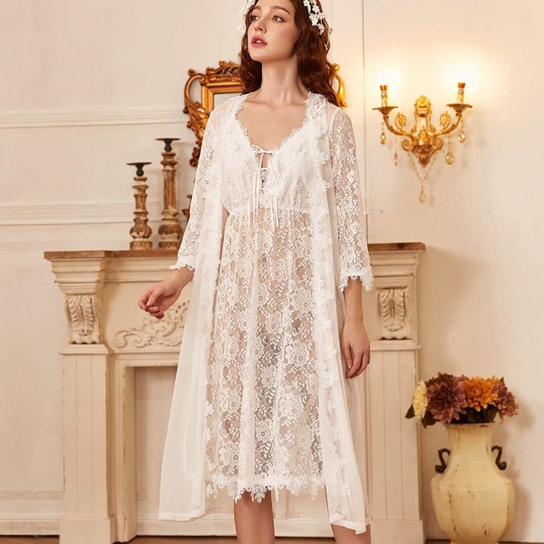

Sheer Lace Criss Cross Backless Nightdress With Night Robe, White