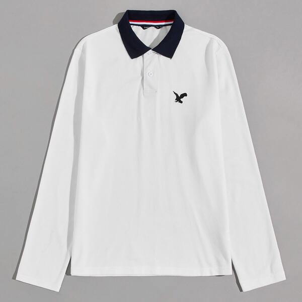 

Men Eagle Embroidered Contrast Collar Polo Shirt, White