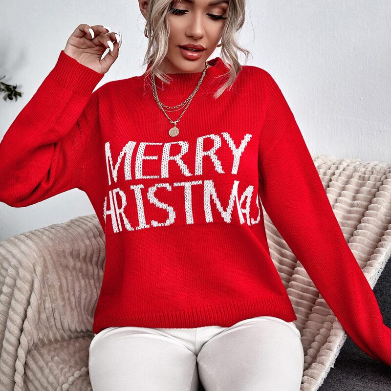 

Letter Pattern Drop Shoulder Sweater, Red