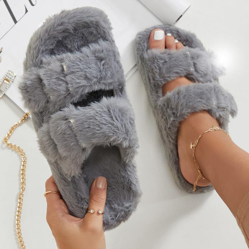Plush Open-Toe Buckled Slippers, Grey