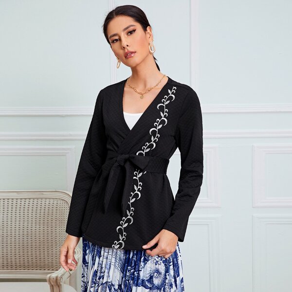 

Plants Embroidered Belted Coat, Black