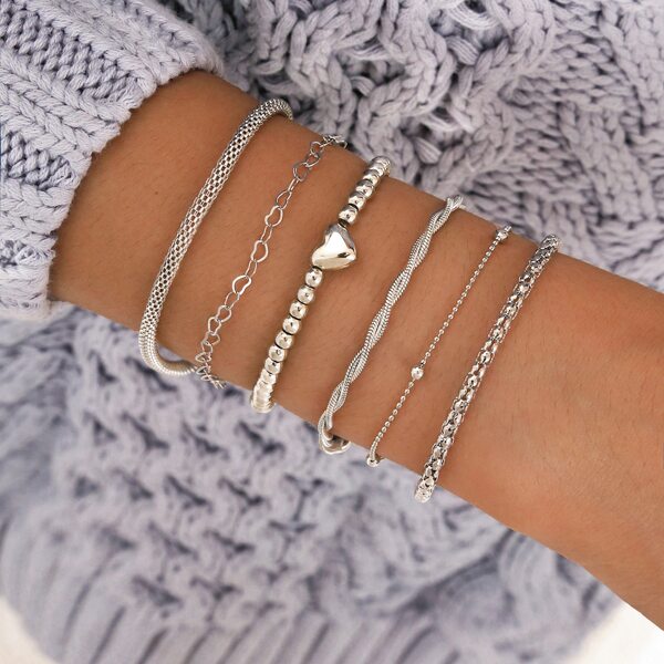 

6pcs Heart Decor Bracelet, Silver
