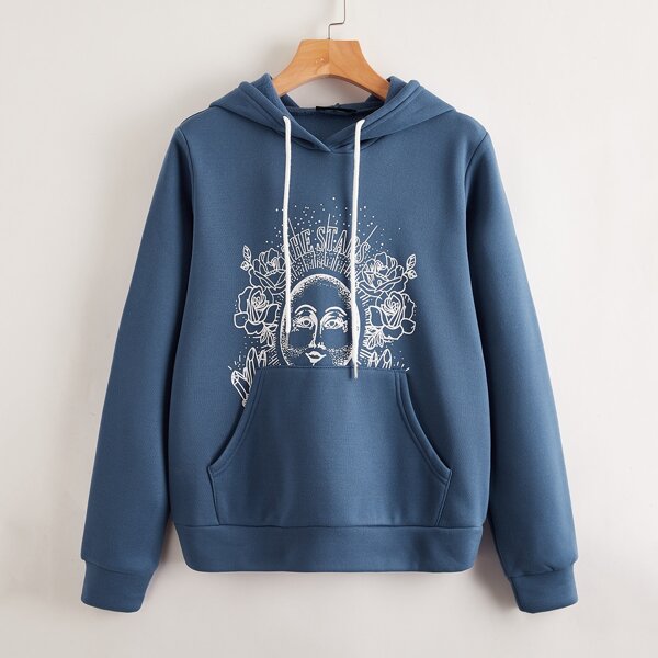 

Kangaroo Pocket Floral & Figure Graphic Drawstring Hoodie, Blue