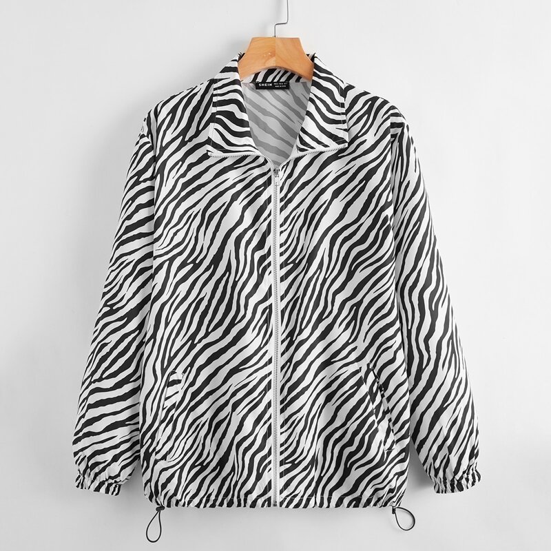 

Drawstring Hem Zebra Striped Jacket, Black and white