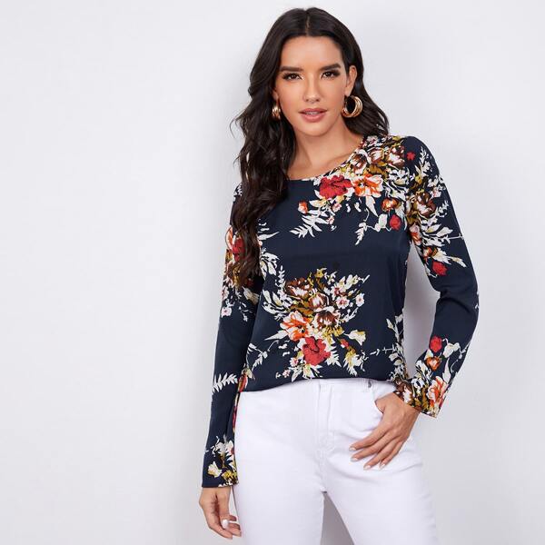

Round Neck Floral Print Top, Multicolor