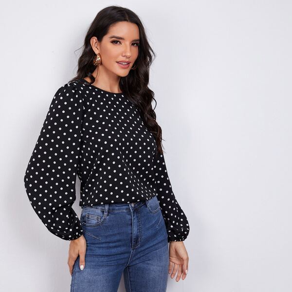 

Bishop Sleeve Polka Dot Top, Black