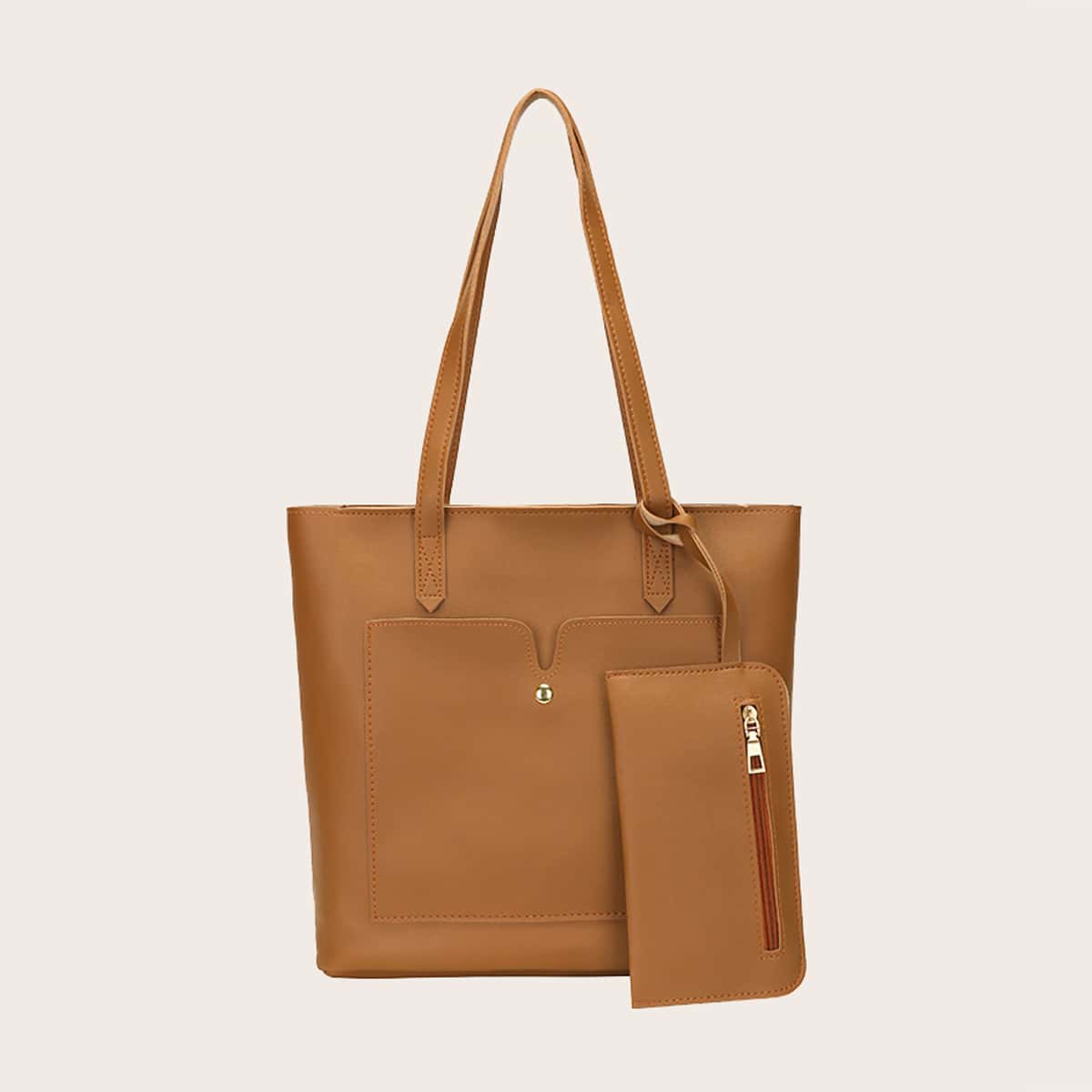 

Solid Pocket Tote Bag & Purse, Brown