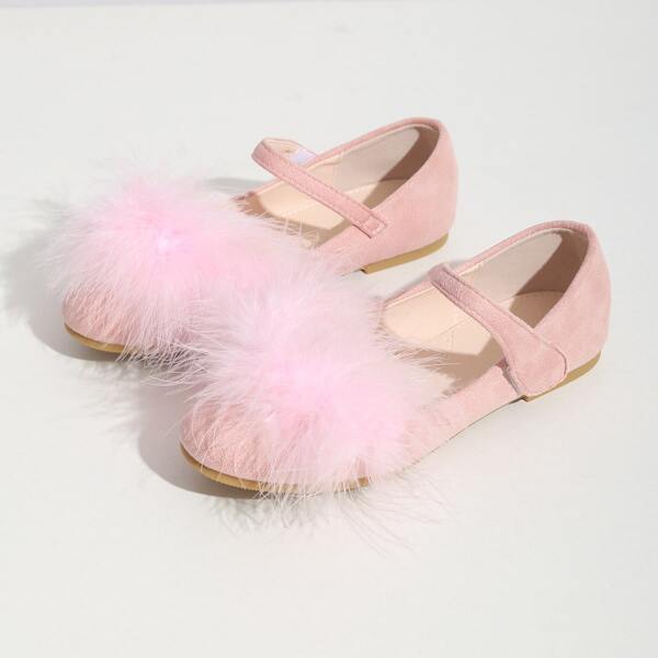 

Girls Faux Fur Decor Velcro Strap Flats, Pink