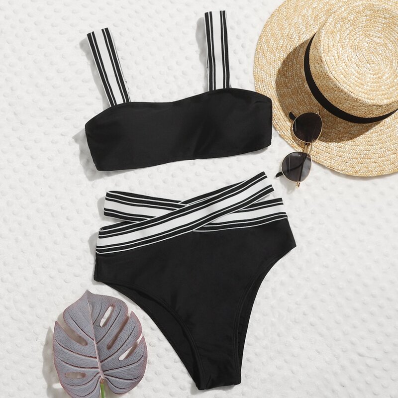 

Striped Tape High Waist Bikini Swimsuit, Black