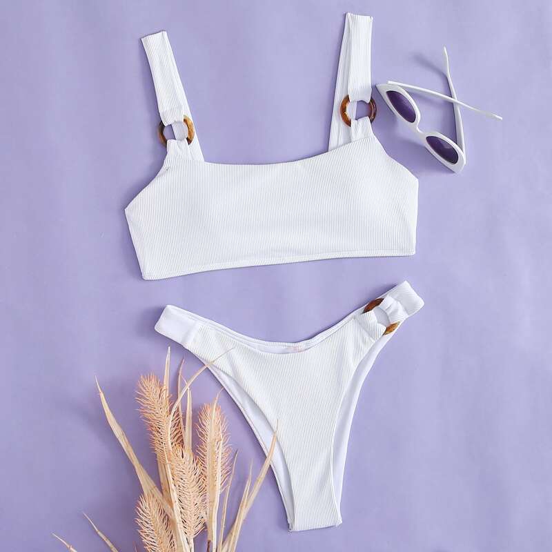 

Solid O-ring Linked High Cut Bikini Swimsuit, White