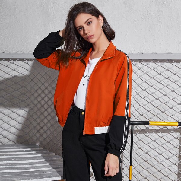 

Slogan Tape Sleeve Zipper Up Jacket, Orange