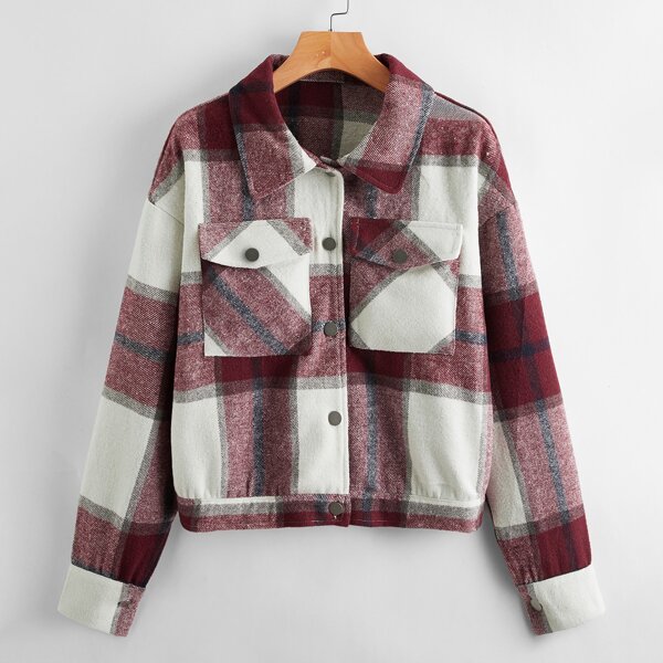 

Button Front Patch Pocket Plaid Jacket, Multicolor