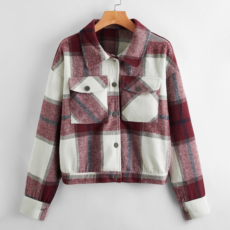 

Button Front Patch Pocket Plaid Jacket, Multicolor
