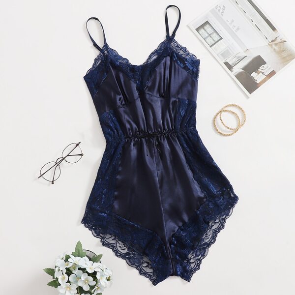 

Lace Trim Ruched Bust Knot Detail Satin Night Romper, Navy blue