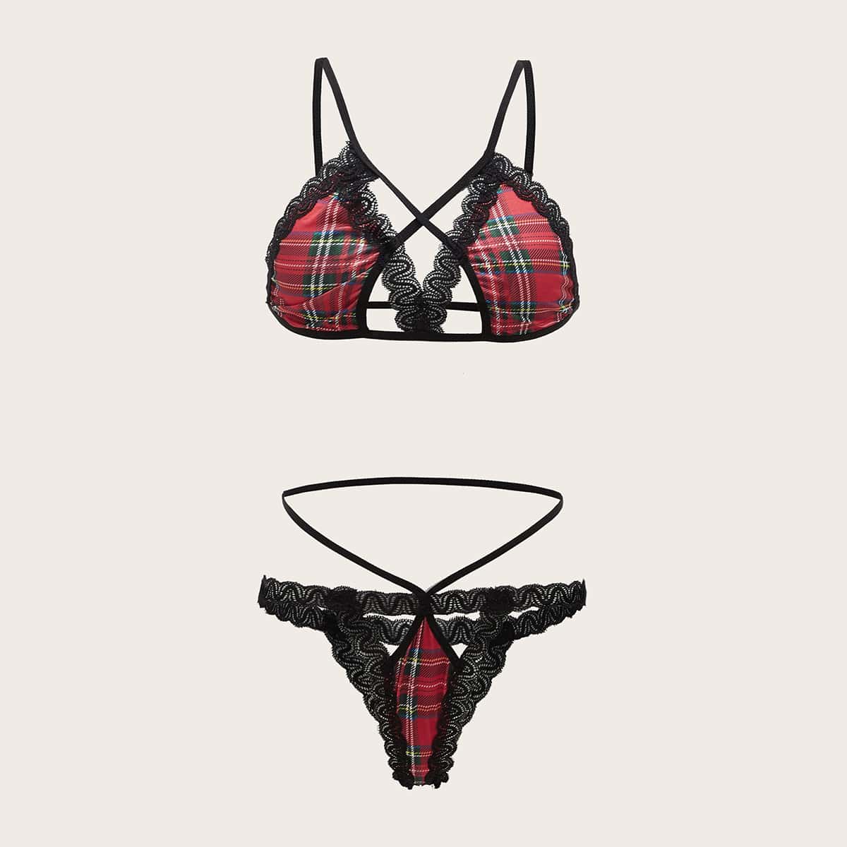 

Christmas Lace Tartan Cut Out Lingerie Set, Multicolor