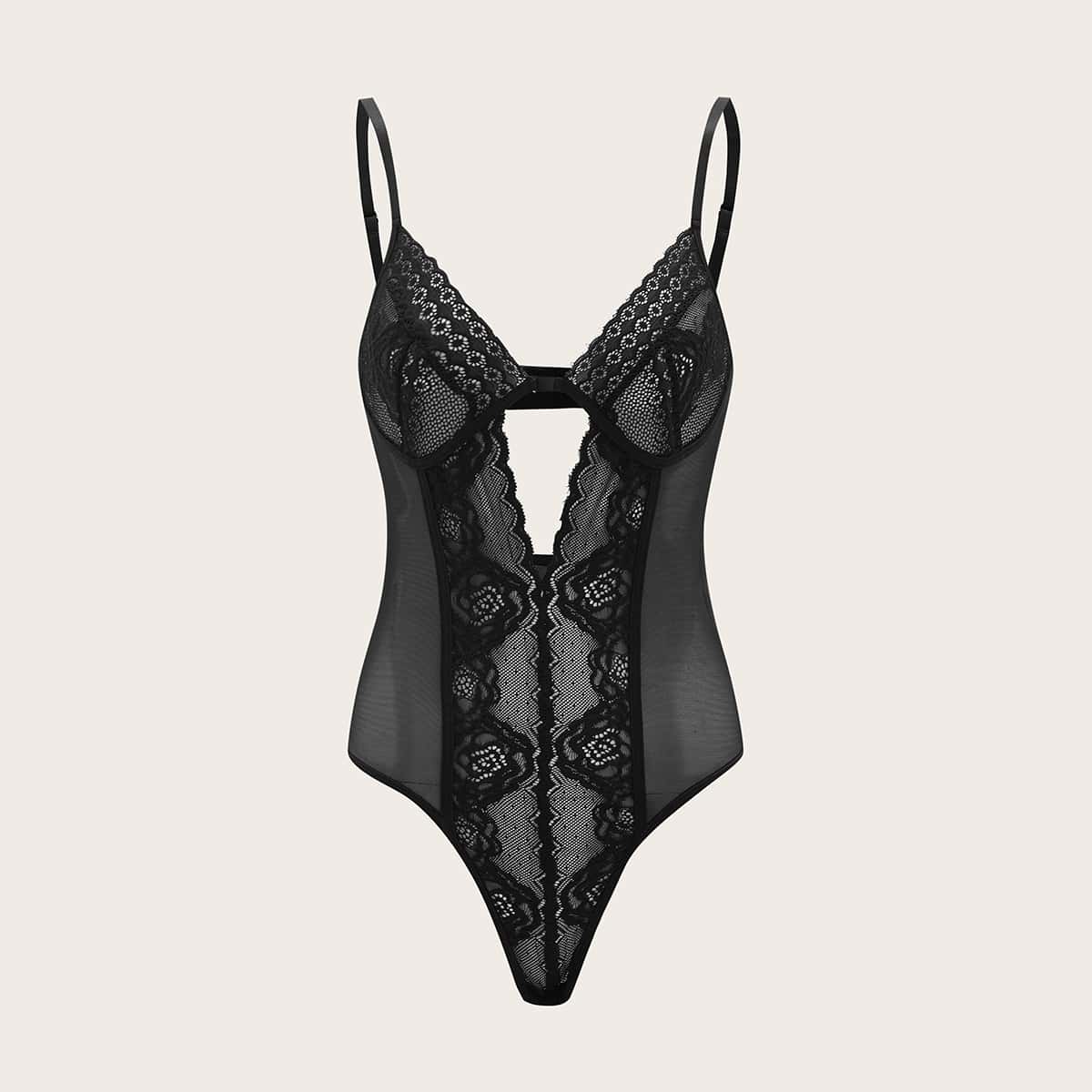 

Lace Cut Out Teddy Bodysuit, Black