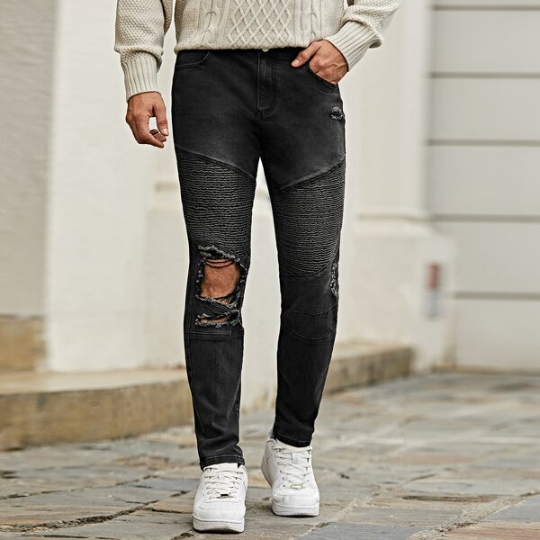 

Men Ribbed Knee Ripped Jeans, Black