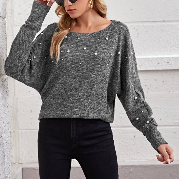 

Pearl Beaded Batwing Sleeve Top, Dark grey