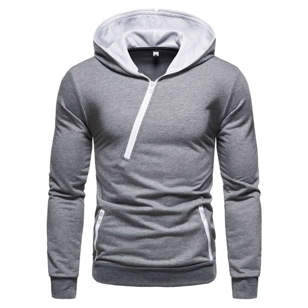 

Men Oblique Zipper Hooded Sweatshirt, Grey