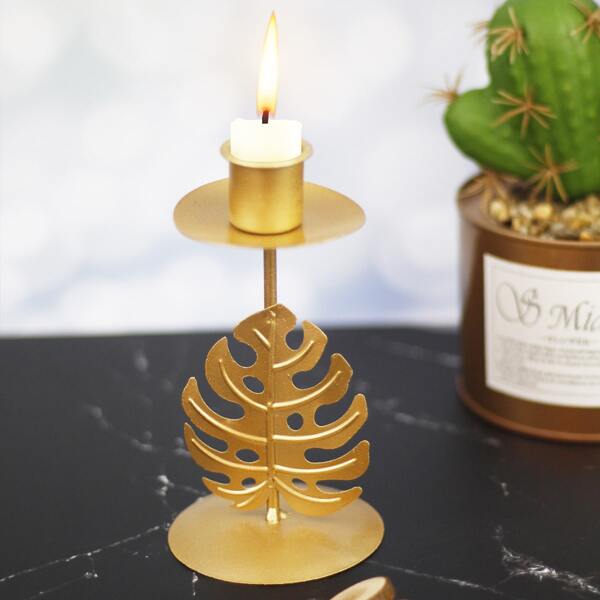 

1pc Leaf Detail Metal Candle Holder, Gold
