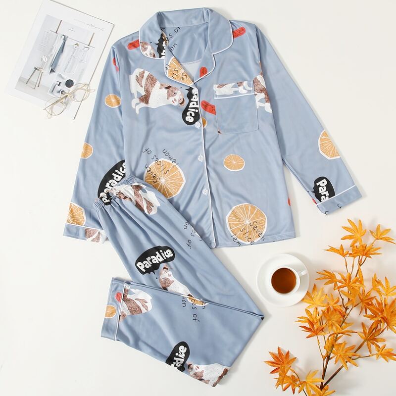 

Cartoon Dog Print PJ Set, Dusty blue